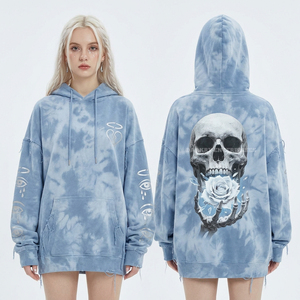 Oversized 400GSM Cloud Wash Blue Hoodie Silver Eye Sleeve Print Skull Rose <b>Back</b> Graphic Heavy Cotton Fleece Pullover Factory - Product Image 1