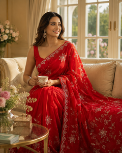 Elegant <b>Red</b> Organza <b>Saree</b> Embroidered Indian Wedding Wear Silk Sarees Women Pakistani Party Wear Bridal Sari Wholesale CHOHAN - Product Image 2
