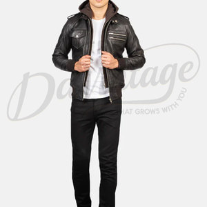 Blouson aviateur en cuir véritable noir de qualité supérieure pour homme avec capuche amovible - Coupe ajustée en peau de mouton véritable, vêtement d'extérieur décontracté multi-poches - Product Image 4