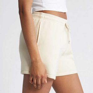 Shorts en molleton crème pour femme, taille mi-haute, avec cordon de serrage, décontractés, avec poches, respirants, coupe régulière, tricotés, couleur unie, shorts de survêtement - Product Image 5