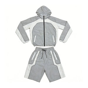 Men's Contrast Panel Windbreaker and Shorts Set Zip Front Hooded Sportswear for Training Activities - Product Image 5