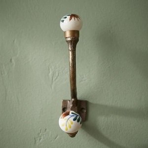 Vintage Ceramic Wall <b>Hook</b> <b>with</b> Floral Knob Handmade Brass Mount for Clothing <b>Storage</b> - Product Image 5