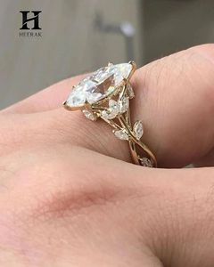 Anillo de compromiso marquesa de moda con banda entrelazada de ramas y delicado racimo de hojas, joyería de oro de 10K y 14K - Product Image 2