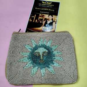 Pochette à monnaie perlée faite main motif soleil, mini portefeuille zippé, pochette bohème, sac à maquillage vintage en coton, porte-monnaie - Product Image 3