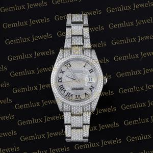 High Quality Roman Dial Fully Iced Out D VVS Moissanite Diamond Full White Auto Date D VVS Moissanite Diamond <b>Watch</b> <b>For</b> Men - Product Image 1