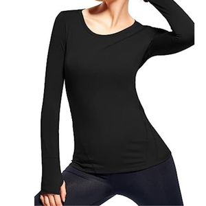T-shirt décontracté pour femme en coton 100% tricoté, noir, col rond, manches longues, coupe ample, avec trous pour les pouces, à porter toute l'année - Product Image 2