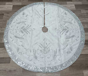 White <b>Christmas</b> <b>Tree</b> Skirt with Sequin <b>Trees</b> and Snowflake Embellishments Scalloped Edge Decorative Holiday Base Cover - Product Image 4