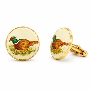Mancuernillas de Latón Esmaltado Hechas a Mano con Diseño de Faisán, Base de Marfil y Acabado en Tono Dorado para Hombre, Marca Mayrabygungun, Rajasthan - Product Image 1