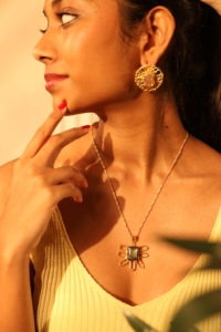 Handcrafted Gold Plated Alloy Wire Weave Ethnic Moon Shape <b>Stud</b> <b>Earrings</b> Natural Rose quartz for Women Party - Product Image 4