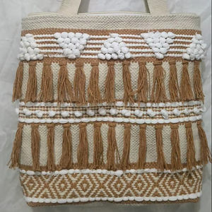 Sac fourre-tout artisanal en coton Dari tissé à la main avec travail de coquillages et franges à pompons – Sac à bandoulière bohème pour femme - Product Image 1