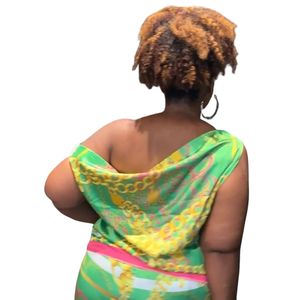 Haut asymétrique imprimé vert et rose pour femme – Blouse décontractée à manches courtes, tendance estivale, vêtement élégant pour femme - Product Image 3