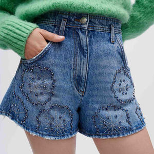 Shorts de mezclilla de cintura alta con cuentas y dobladillo deshilachado, estilo casual de verano, shorts de algodón lavado vintage de pierna recta para mujer - Product Image 2