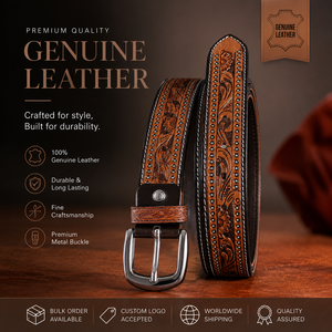 Cinturón de Cuero Genuino Hecho a Mano de Primera Calidad para Hombre, Cinturón Occidental Informal con Grabado Floral Decorativo - Product Image 4
