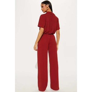 Combinaison en satin bleu taille haute pour femme, manches courtes, col rabattu, coupe ample, style moderne streetwear, printemps-été - Product Image 4