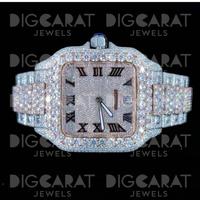 Montre de luxe en quartz Moissanite, forme ronde, 41 mm, résistante à l'eau, chiffres romains, analogique, sertie de pierres, unisexe