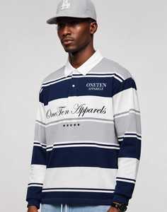 <b>Men's</b> Navy Grey Striped <b>Long</b> <b>Sleeve</b> Polo <b>Shirt</b> <b>White</b> Collar Button Front Casual Top - Product Image 1