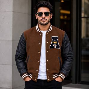 Veste varsity style vintage avec patchs brodés personnalisés, en laine marron et cuir noir, pour hommes - Product Image 1
