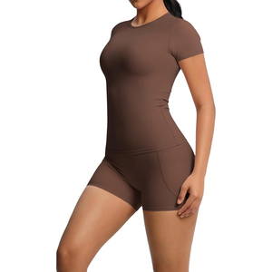 Ensemble de yoga à col rond, manches courtes, taille haute, couleur unie, avec poches, respirant, en spandex et polyester, sans couture, 2 pièces - Product Image 5