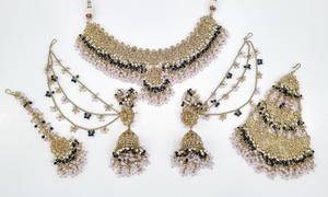 Mehandi Plated <b>Indian</b> Bridal <b>Jewelry</b> <b>Set</b> With Maang Tikka Necklace Earrings Ethnic Flower Pearl Rhinestone Wedding Party Wear - Product Image 2