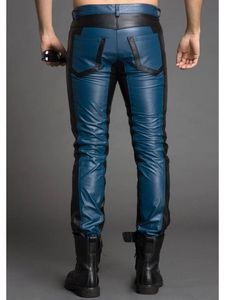 <b>Men's</b> Blue leather Moto Pants With Side Stripe Zipper Fly Mid Waist Straight Leg Autumn Wear - Product Image 4