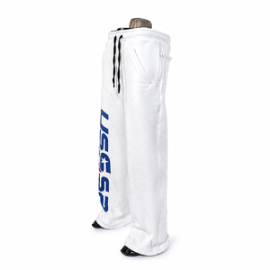 <b>White</b> Lightweight Polyester/Cotton Drawstring Casual Embroidered Logo Streetwear Mid Waist Flat Front Summer Unisex <b>Jogger</b> - Product Image 2
