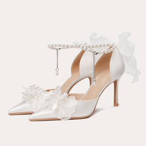 High Quality High Heel Bridesmaid <b>Shoes</b> Pearl <b>Bow</b> Bridal <b>Shoes</b> Pointed Thin Heels Wedding <b>Shoes</b> for Women and Ladies - Product Image 1