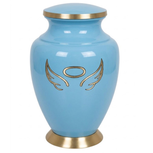Handcrafted Adult Cremation Urn For Human Ashes Light Blue Enamel Finish With Gold Angel Wings Design <b>Memorial</b> Burial Urn - Product Image 1
