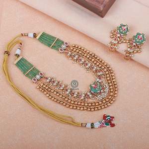 Rutisha Antique Designer Long Necklace & Earring Set with Zircon Ruby & Gold Plate - Product Image 1