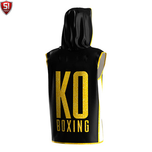 Al por mayor Bata de boxeo sin mangas con capucha para hombre, para entrenamiento de gimnasio y MMA, corte ajustado, talla XL, ropa deportiva con logotipo personalizado, de poliéster y algodón - Product Image 6