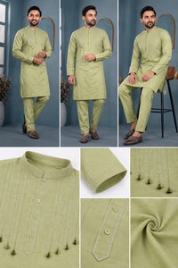 Custom <b>Mens</b> Olive <b>Kurta</b> Pajama Set Mandarin Collar Casual Festive Ethnic Suit Indian Haldi Mehendi Wear <b>Mens</b> Manufacturer - Product Image 4