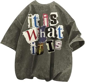 เสื้อยืดเดนิมผู้ชายไซส์ใหญ่ แขนสั้น คอกลม ลายตัวอักษร สไตล์สตรีท ผ้าฝ้ายฟอก พิมพ์ลายด้านหลัง - Product Image 2