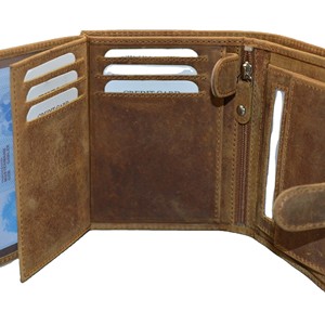 Men's Slim Vertical <b>Trifold</b> RFID Blocking Crazy Horse Full Grain Leather <b>Wallet</b> Fashion Luxury Vintage Design Open Short Coin - Product Image 5