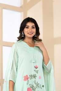 Premium <b>Mint</b> Green Mul Cotton A Line Embroidered Suit Set for Women with Pant Dupatta Ethnic Wear - Product Image 2