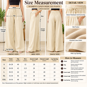 Pantalones Anchos Beige Premium para Mujer, Cintura Alta, Cordón Elástico, Logotipo, Casuales, Verano, Lino/Algodón, Lisos - Product Image 4
