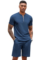 Ensemble décontracté deux pièces pour homme : T-shirt tricoté à col zippé et short athlétique, respirant et confortable pour l'été, idéal pour la course et l'entraînement, 100% coton.
