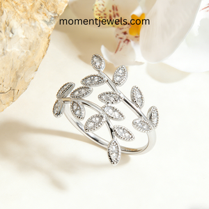 <b>Silver</b> Leaf Zircon <b>Adjustable</b> <b>Ring</b> Open Band Marquise Stone Floral Jewelry for Wedding Party Gift - Product Image 2