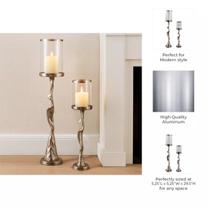 Elegant design Set of 2 cast aluminum and <b>glass</b> hurricane candle holders tall decorative candle stand offer customizations - Product Image 3