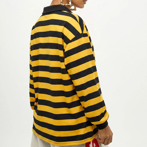 Chemise à manches longues rayée style rugby pour femmes grandes tailles, col en V surdimensionné, tricot en coton, haut décontracté respirant, chemises à manches longues - Product Image 2