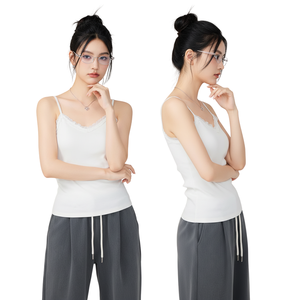 Camisola de Tirantes Finos para Mujer, Tejido de Punto Acanalado con Encaje, Estilo Camiseta sin Mangas, Algodón Ligero y Transpirable - Product Image 1