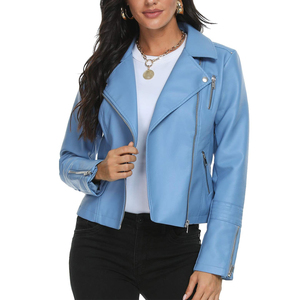 Veste moto en similicuir bleu clair pour femme avec fermeture éclair, col rabattu, manches longues, vêtement d'extérieur décontracté - Product Image 2