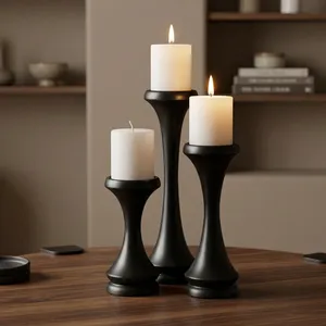Modern Black Wooden <b>Nesting</b> <b>Candle</b> Holder Set of 3 Minimalist Design for Dining Table Home Decor - Product Image 1