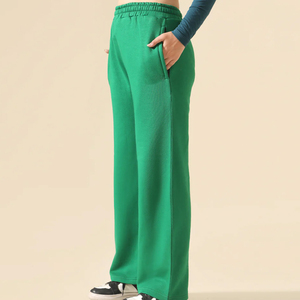 Pantalones Anchos Verdes para Mujer, Cintura Alta, Cierre Elástico, Largos, Casuales, de Punto, de Algodón, Corte Holgado, Color Sólido, Estilo Otoñal - Product Image 3