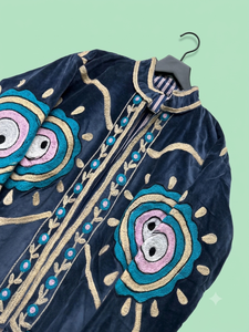 Blue <b>Velvet</b> Embroidered Breathable Reversible Jacket for <b>Women</b> Stand Collar Full Sleeve Woven Outerwear Vintage Boho Winter <b>Coat</b> - Product Image 6