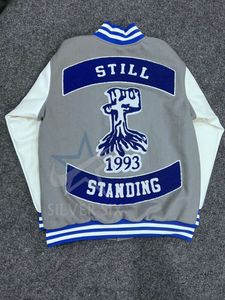 Personalized Chenille Varsity <b>Jacket</b> Front Patch Still Standing 1993 Design <b>Men's</b> Gray/White/Blue Custom Sublimation Printing - Product Image 3