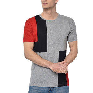 T-shirt à manches courtes pour homme, gris, rouge, noir, à blocs de couleur, col rond, décontracté, coupe régulière, tricoté, 100% coton, devant uni - Product Image 3