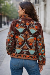 Veste longue à manches longues en velours brodé, respirante, écologique, matelassée, de haute qualité, pour femmes, style bohème chic, à fleurs - Product Image 3