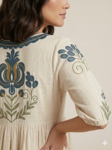 Robe d'été décontractée en coton tissé respirant, coupe ample, col en V, broderie florale bohème, manches courtes, style A-line - Product Image 3