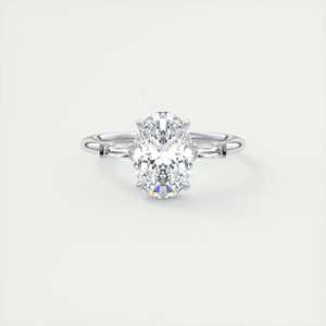 Anillo de compromiso de tres piedras con diamante cultivado en laboratorio de corte ovalado de 2.30 quilates y piedras laterales de baguette en oro blanco de 14K para novias. - Product Image 2