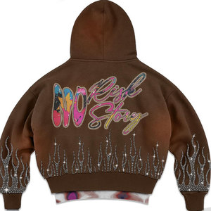 Sudadera con capucha corta marrón con cremallera, estampado de ojo con pedrería y diseño de espalda No Risk Story, estilo streetwear unisex de corte oversize. - Product Image 4