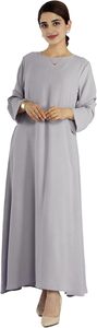 Women Light Gray Solid Color <b>Abaya</b> Long Sleeve Round Neck Floor Length Modest Dress Lightweight Daily Wear Middle East Style - Product Image 2